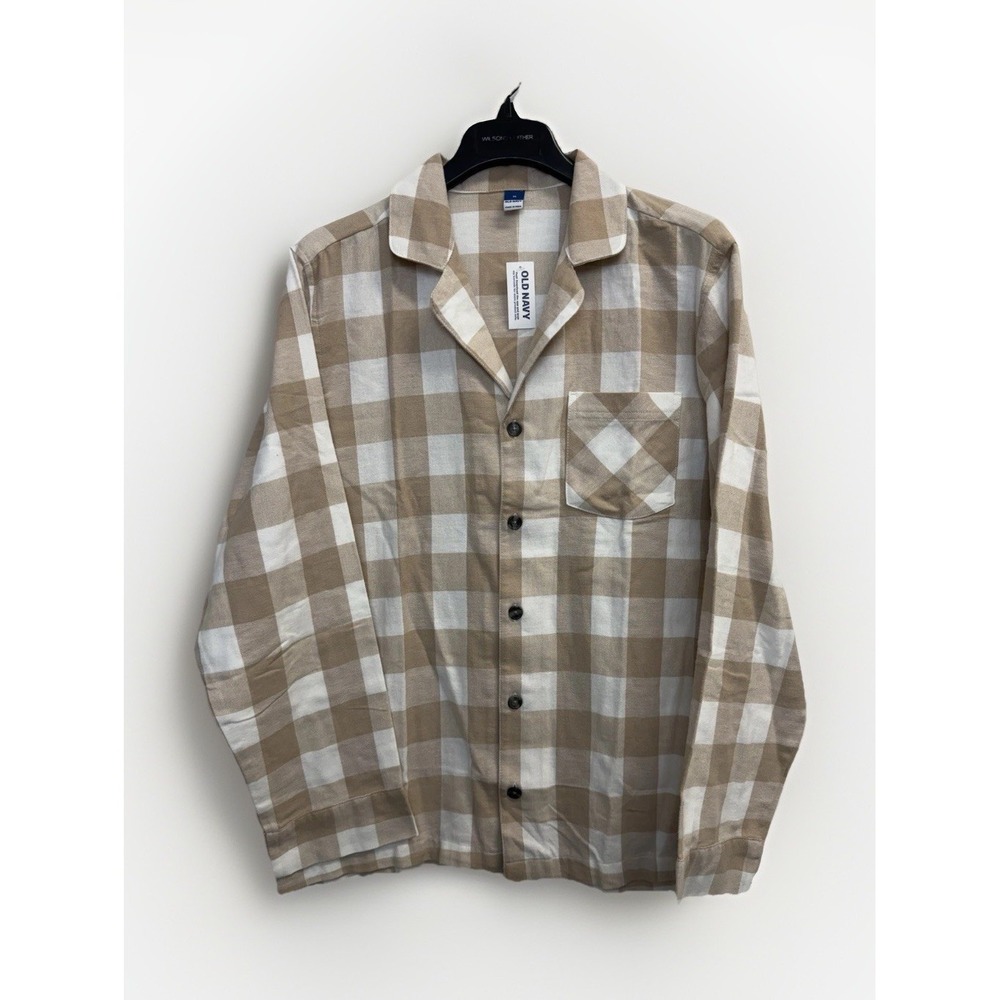 Old Navy Women's Size M Tan‎ White Buffalo Plaid Shirt Flannel Pajama Top NWT